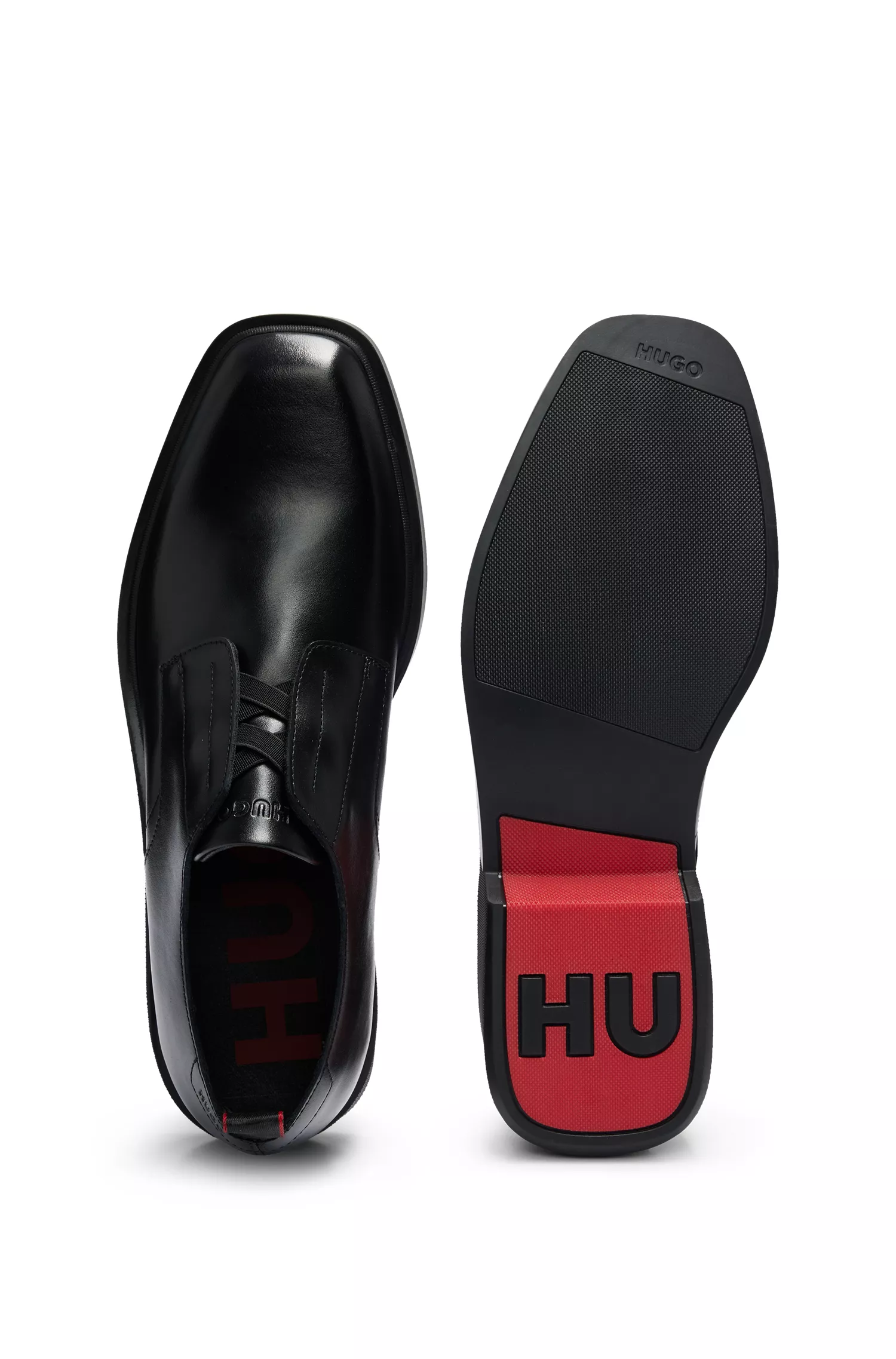 Sapatos Derby HUGO em couro vermelho com cadarços ocultos.