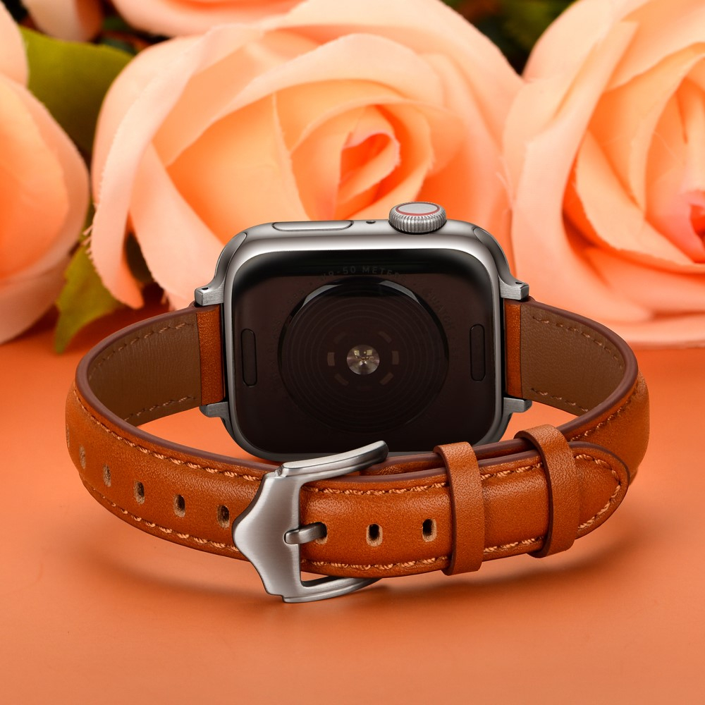 Apple Watch (42/41/40/38 mm) Echtleder Ersatz Armband mit Dornschliesse (Gelenkumfang 156-221 mm) - Braun / Silber