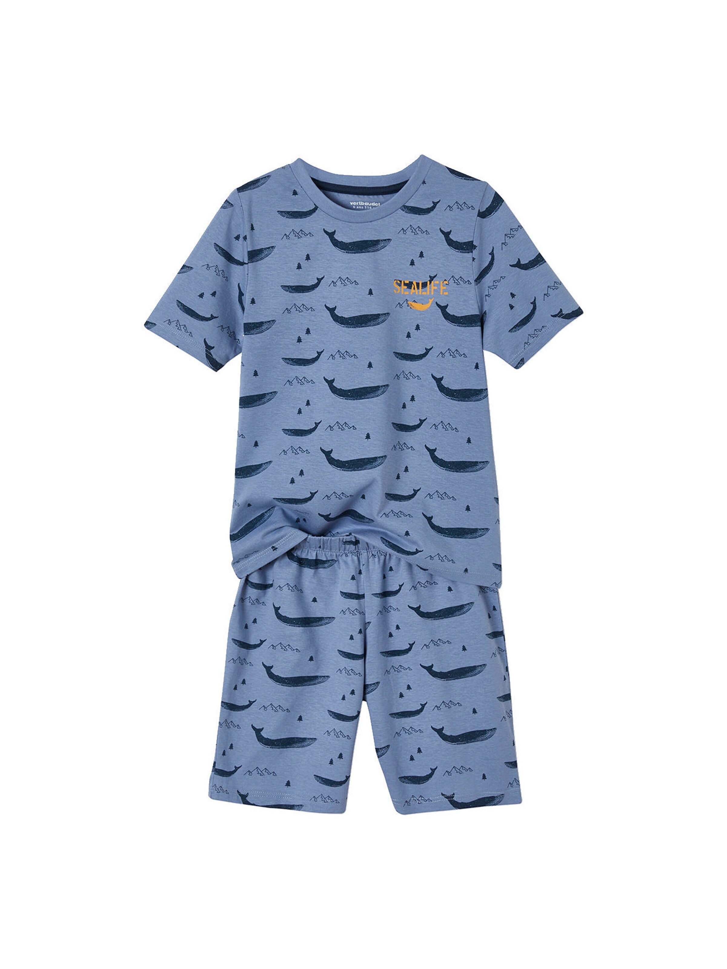 Vertbaudet 2er-Pack kurze Jungen Schlafanzüge, Wale BASIC blau+senfgelb/blau gestreift