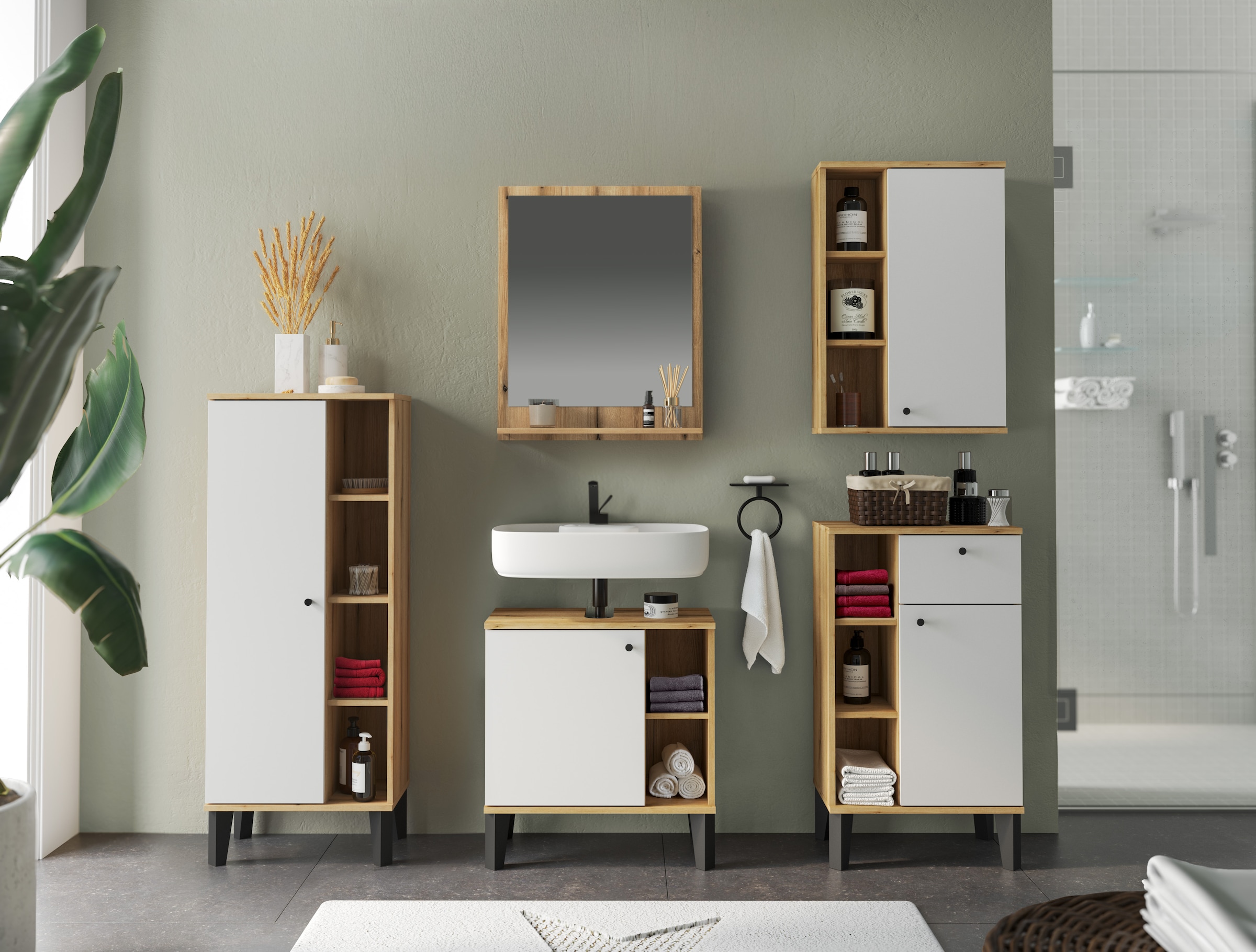 INOSIGN Badmöbel-Set »OSLO, Bad im skandinavischen Design, 5-teiliges Badezimmer« Set, 5 Stk. tlg.