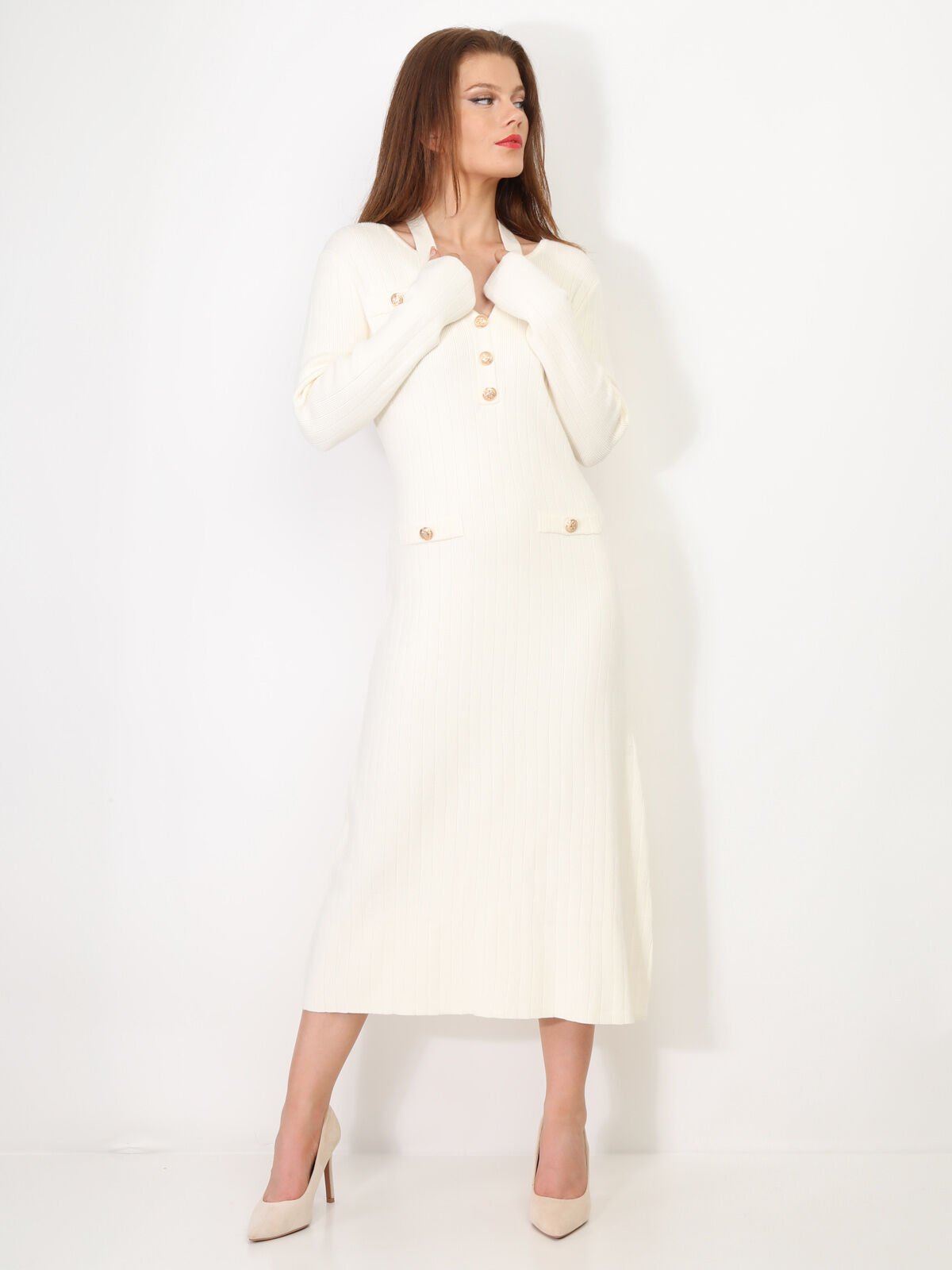 Robe longue cut out à boutons- Blanc