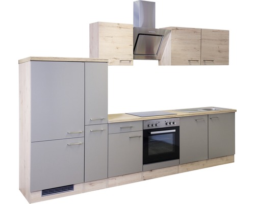 Flex Well keukenblok met apparatuur Riva 300 cm kwartsiet cubanit san remo licht mat eiken gedemonteerd omkeerbaar uitvoering 00010441