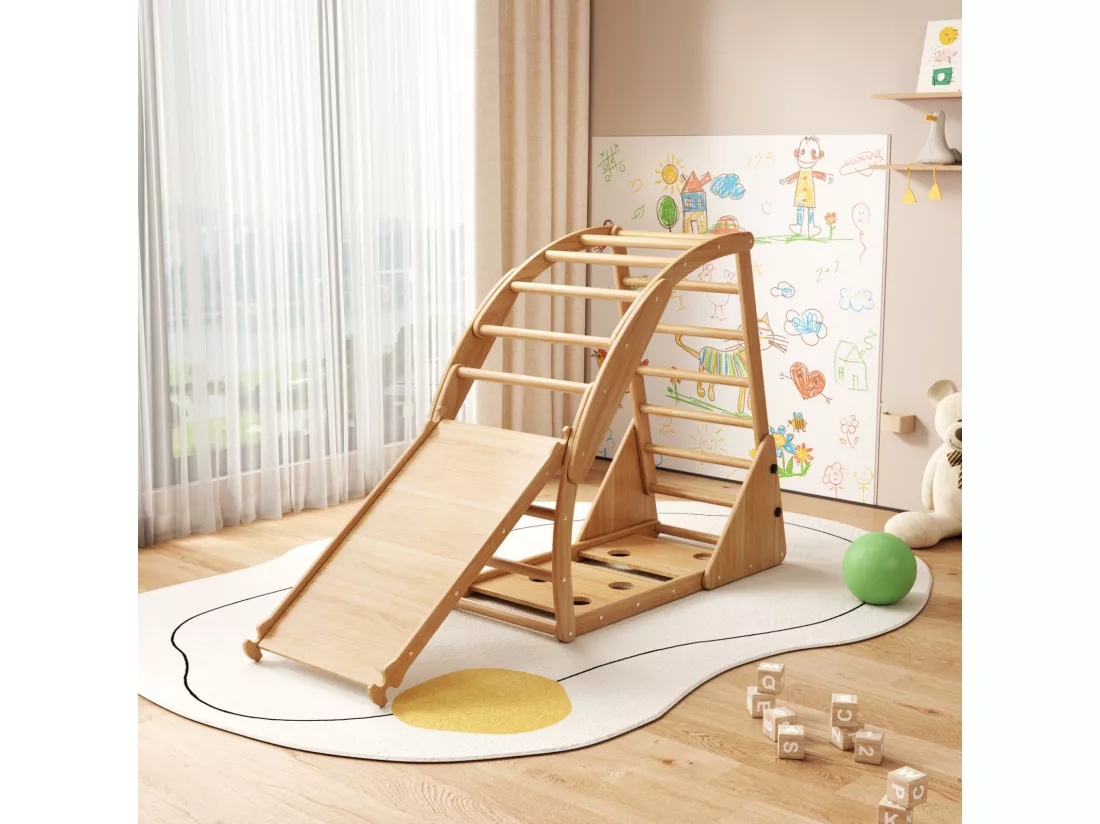 Aire de jeu 8 en 1 pour enfant - avec toboggan, module d'escalade, échelle à barreaux, arche d'escalade, balançoire et tente - bois