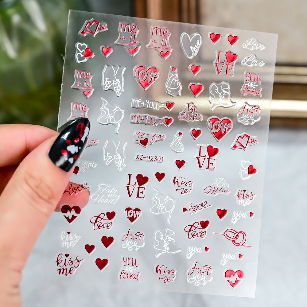 (808-tlg. Set) Nagel Sticker Nail Art Tattoo Selbstklebende Aufkleber Valentinstag - Rot / Weiss