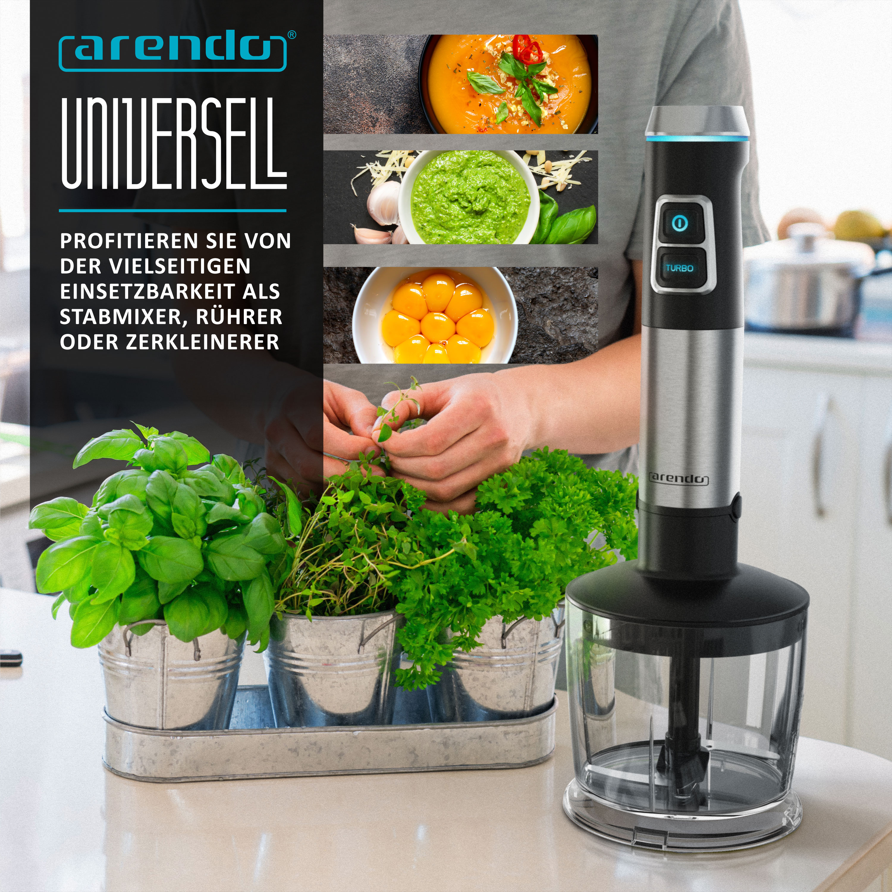 Arendo Stabmixer Edelstahl Set - Pürierstab - stufenlose Geschwindigkeit