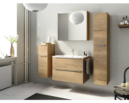 Badkamermeubelset NOBILIA Programma 1 BxHxD 81 x 169,1 x 48,7 cm, frontkleur eiken naturel, met wastafelmeubel en 2-deurs spiegelkast met LED-verlichting, greeplijst chroom mat 062