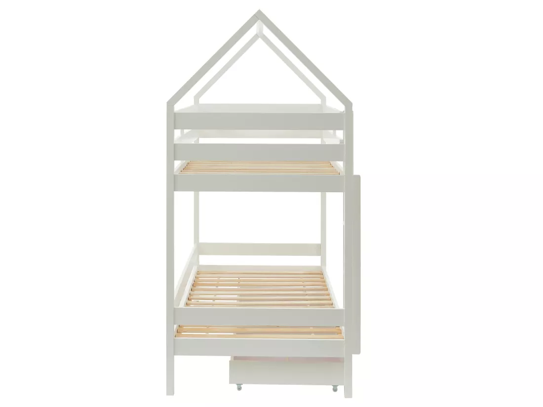 Lits superposés cabane 2 x 90 x 190 cm - 2 tiroirs - Pin - Blanc + Matelas - CHORI