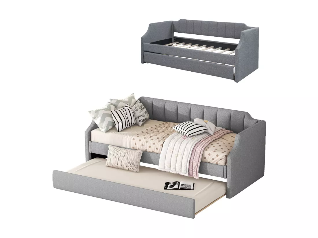 Lit gigogne 90 x 200 cm et 90 x 190 cm - tissu lin - sommier à lattes - coloris gris
