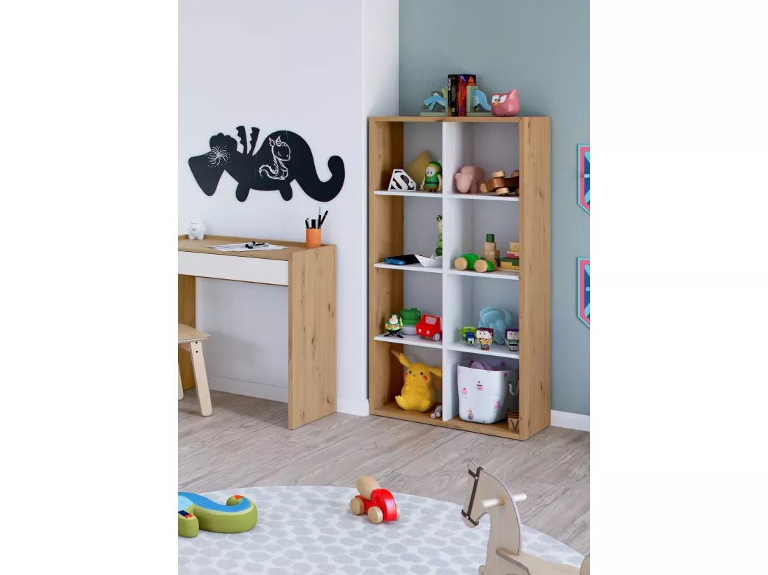 Bibliothèque Dmarini, Bibliothèque réversible à 8 compartiments, Meuble TV multi-positions, 72x33h137 cm, Chêne effet noeud et Blanc