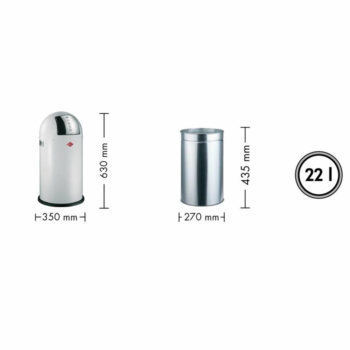 WESCO Pushboy junior Mülleimer in der Farbe weiß, pulverbeschichtetes Stahlblech, 22 Liter Volumen, große Edelstahlklappe, herausnehmbarer Innenbehälter