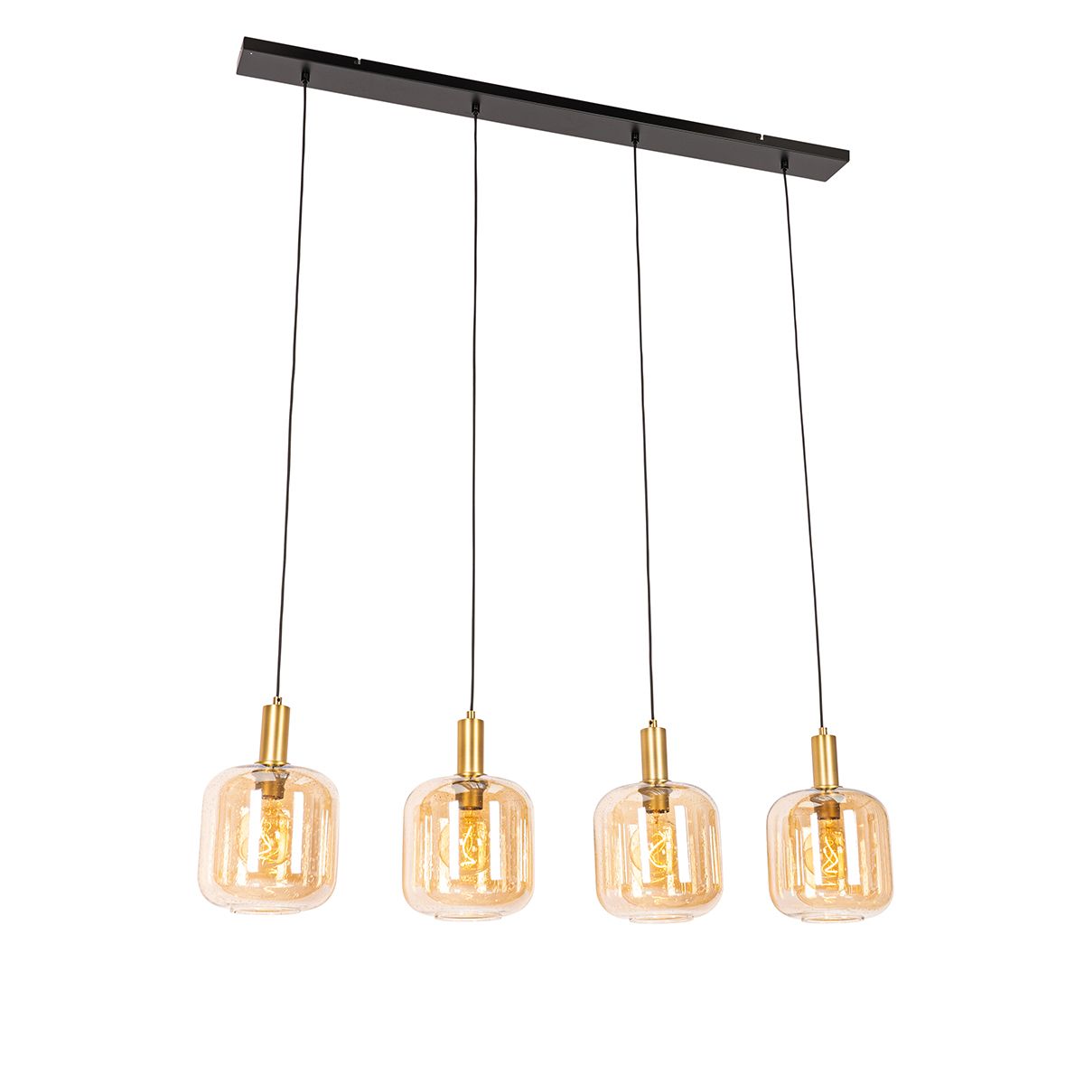 Smart hanglamp zwart met messing en amber glas 4-lichts incl. 4 Wifi G95 - Zuzanna