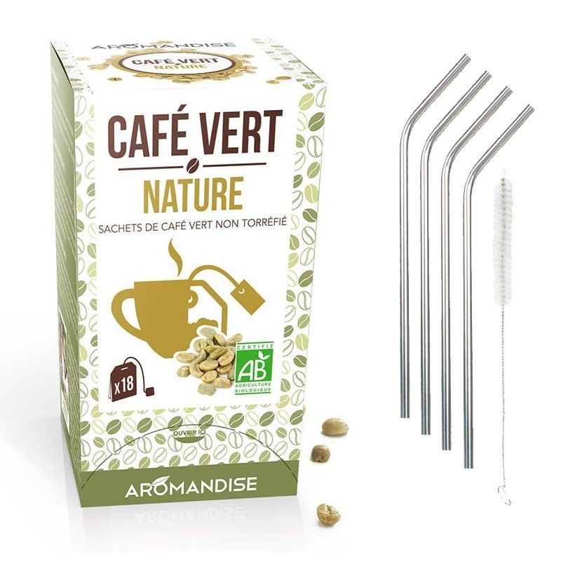 Café vert nature 18 sachets + 4 pailles en inox Youdoit