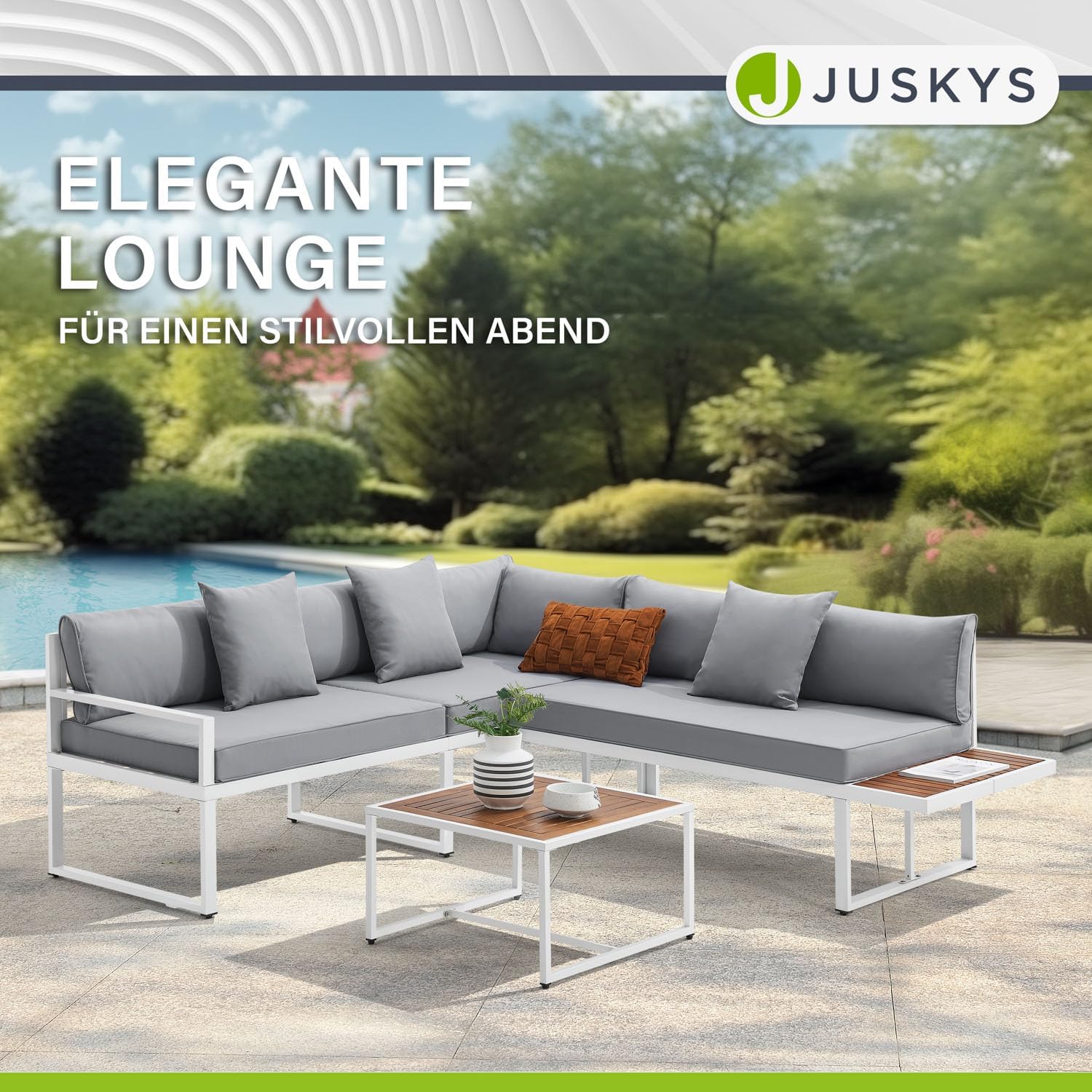 Juskys Gartenmöbel Lounge St. Tropez - 4 Personen Sitzecke - Set mit Tisch, Ecksofa & Kissen - Möbel für Balkon & Garten - Holz Balkonmöbel Weiß