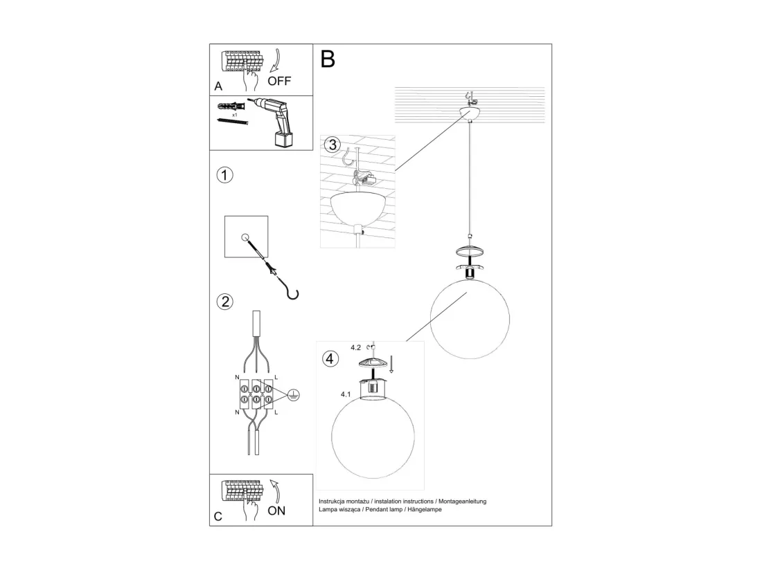 Sollux UGO Suspension Globe Blanc, Or E27