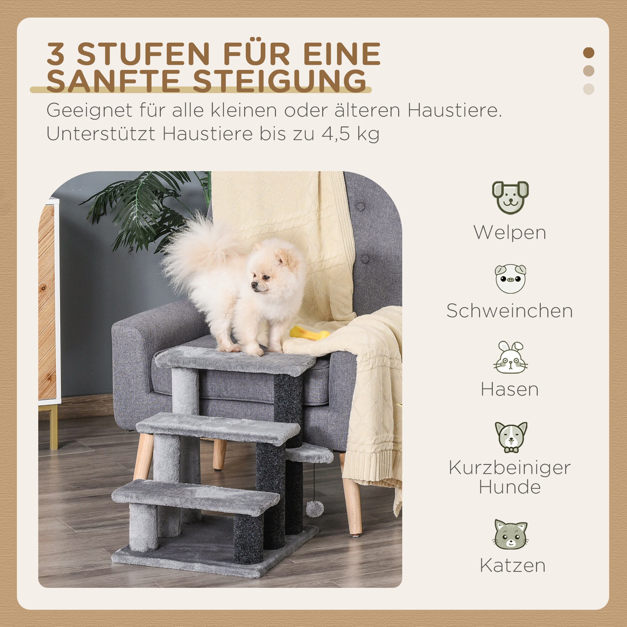 PawHut Haustiertreppe mit Kratzsäulen grau 45 x 40 x 48 cm (LxBxH)