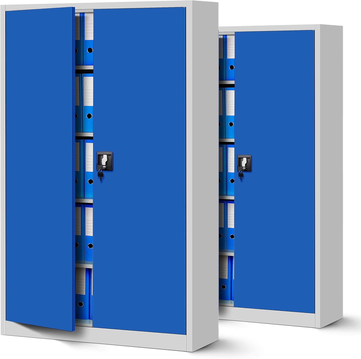 Jan Nowak 2er Set Aktenschrank XXL C001II Büroschrank Metallschrank Flügeltüren Stahlblech Pulverbeschichtung 185 cm x 115 cm x 40 cm (grau/blau)
