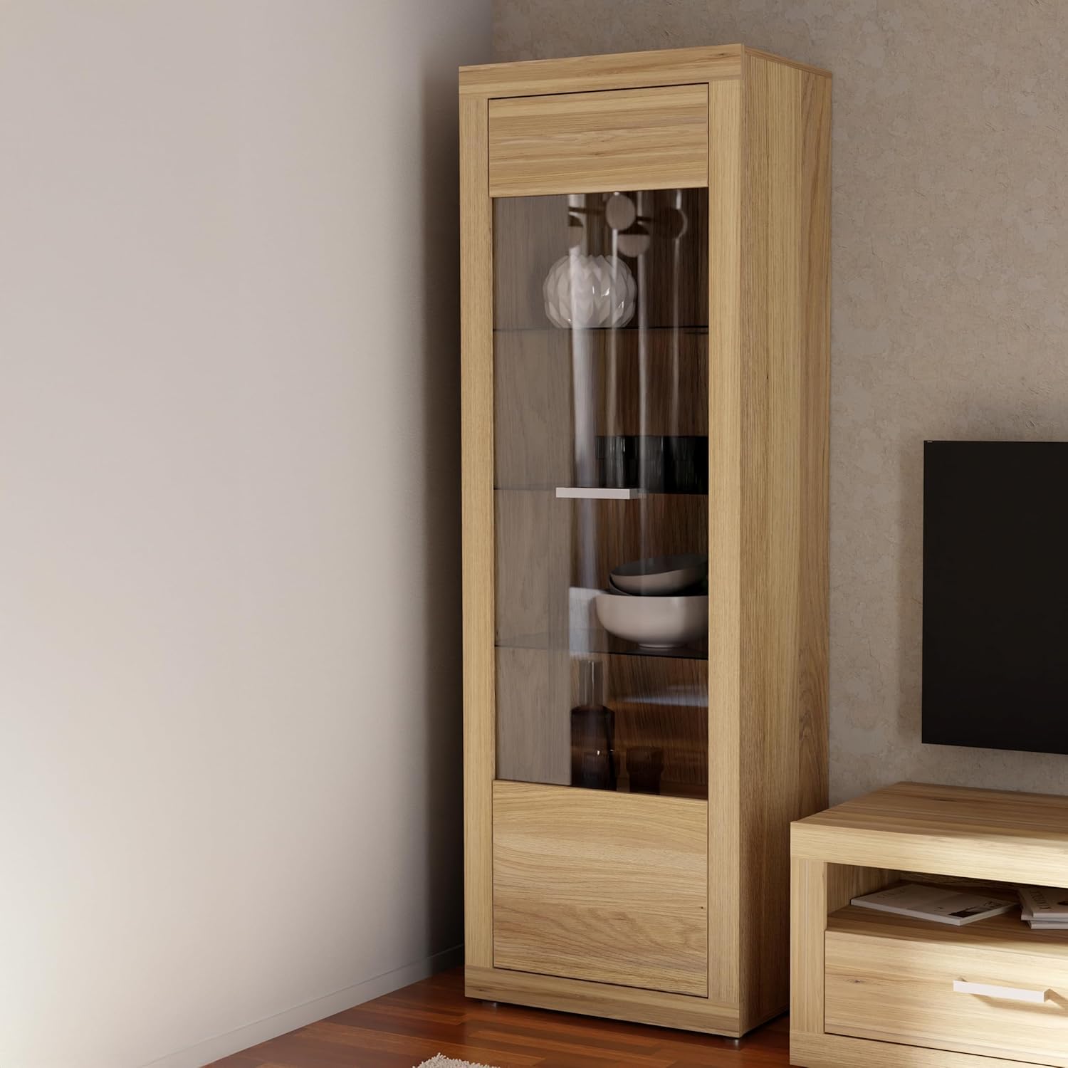 Forte BACCIO Vitrine 60 70, Moderne Wohnzimmervitrine, 1-türig, Glasfront, Holzwerkstoff, Mauvella Eiche Holzdekor, 63,4 cm breit x 190,7 cm hoch x 41 cm tief
