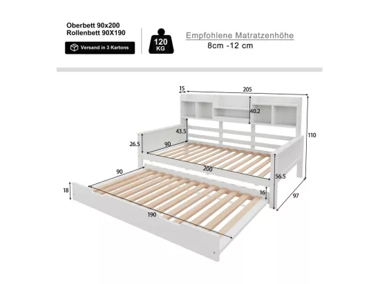 Canapé-lit gigogne 90x200 cm - Lit gigogne 90x190 cm - avec rangement - sommier à lattes - pin multi - blanc (matelas non inclus)