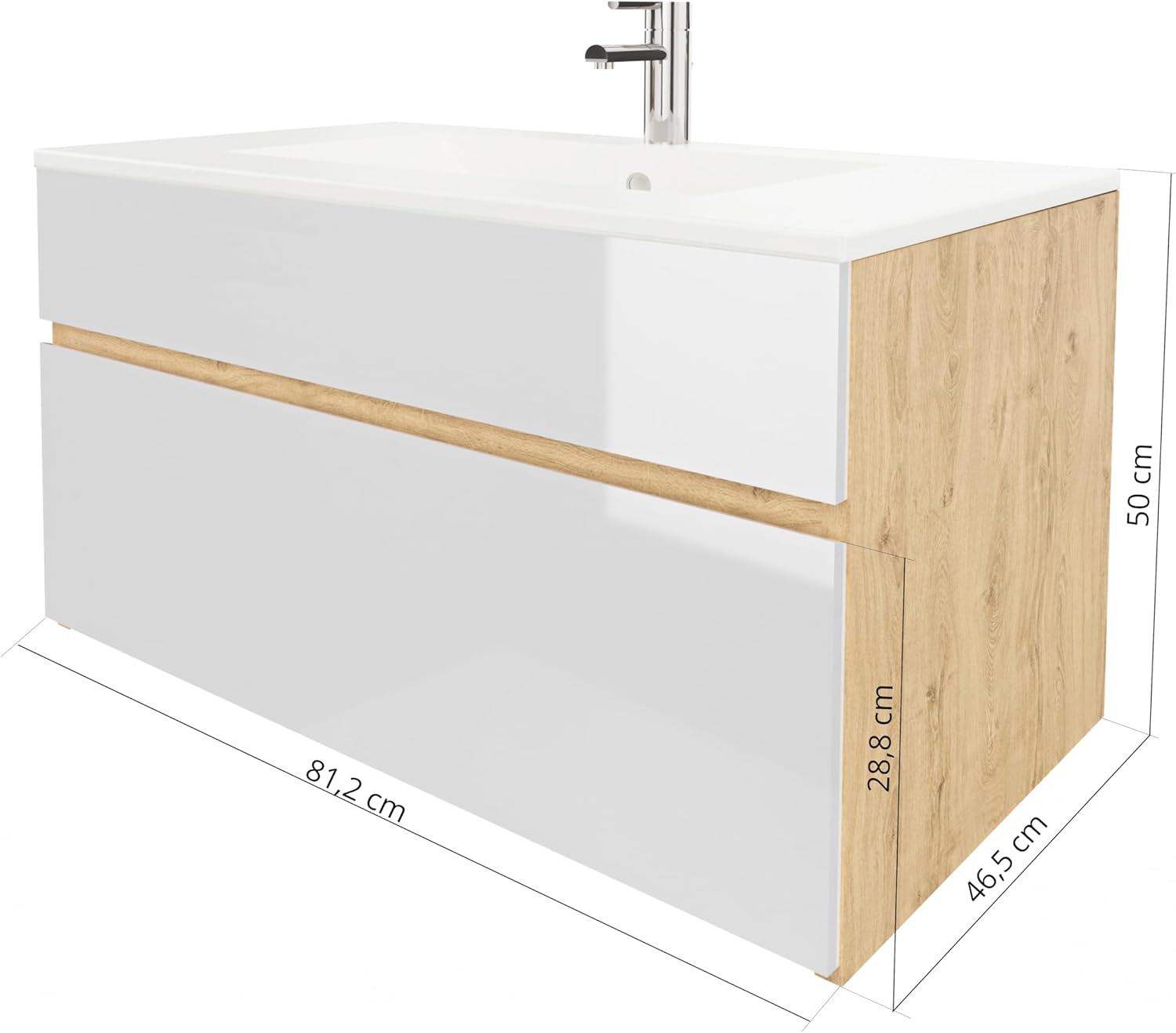 Stella Waschtischunterschrank – Hängend | Eiche Artisan | Weiß Hochglanz | 81,2 × 46,5 × 50 cm | Moderner Waschbeckenunterschrank mit Keramikwaschbecken | Waschbecken mit Unterschrank