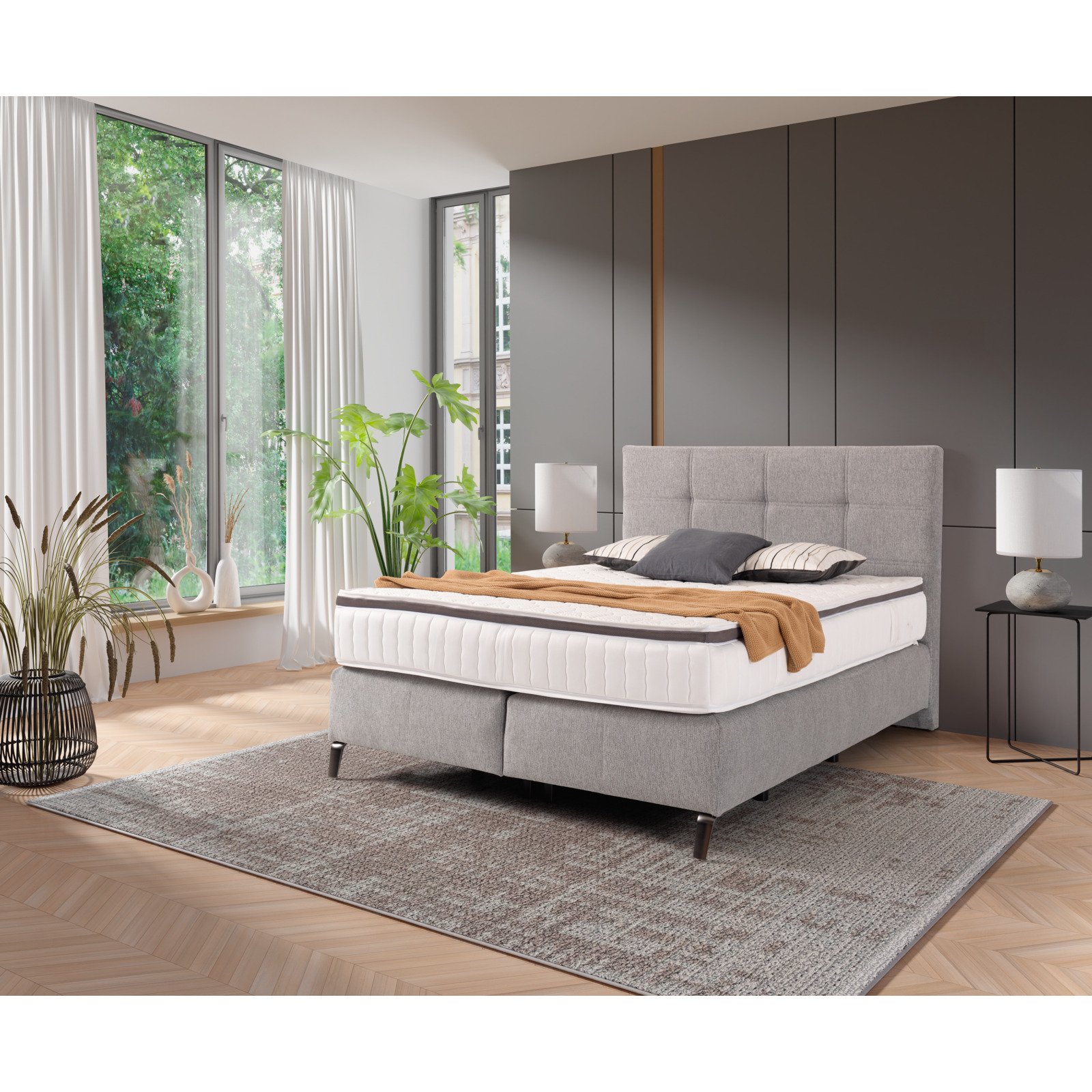 Boxspringbett Luzern, Stoff Aragon grau, 160 x 200 cm, mit Matratzen H3