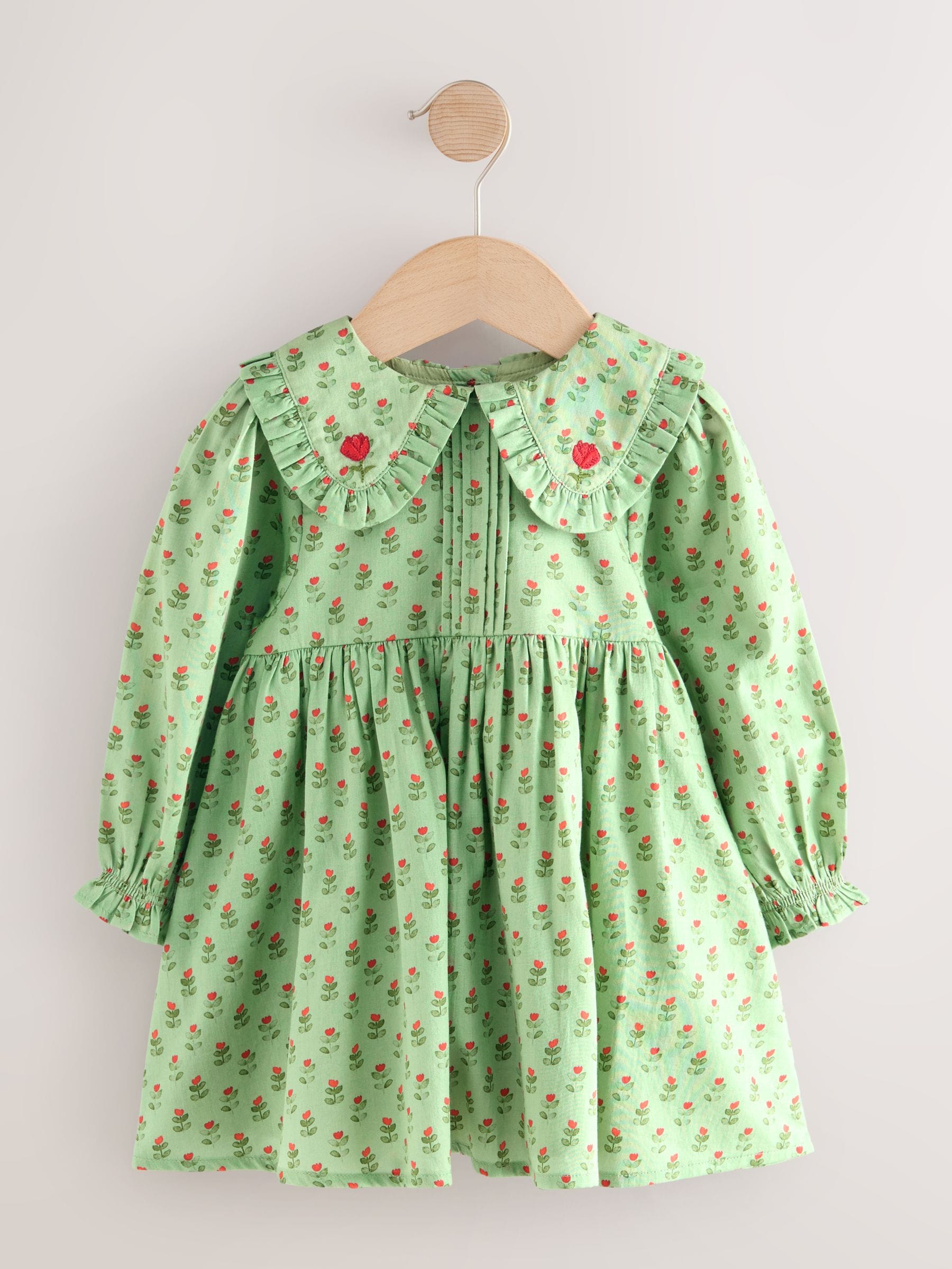 Groen met print - Collar Long Sleeve Dress (3mths-8yrs)