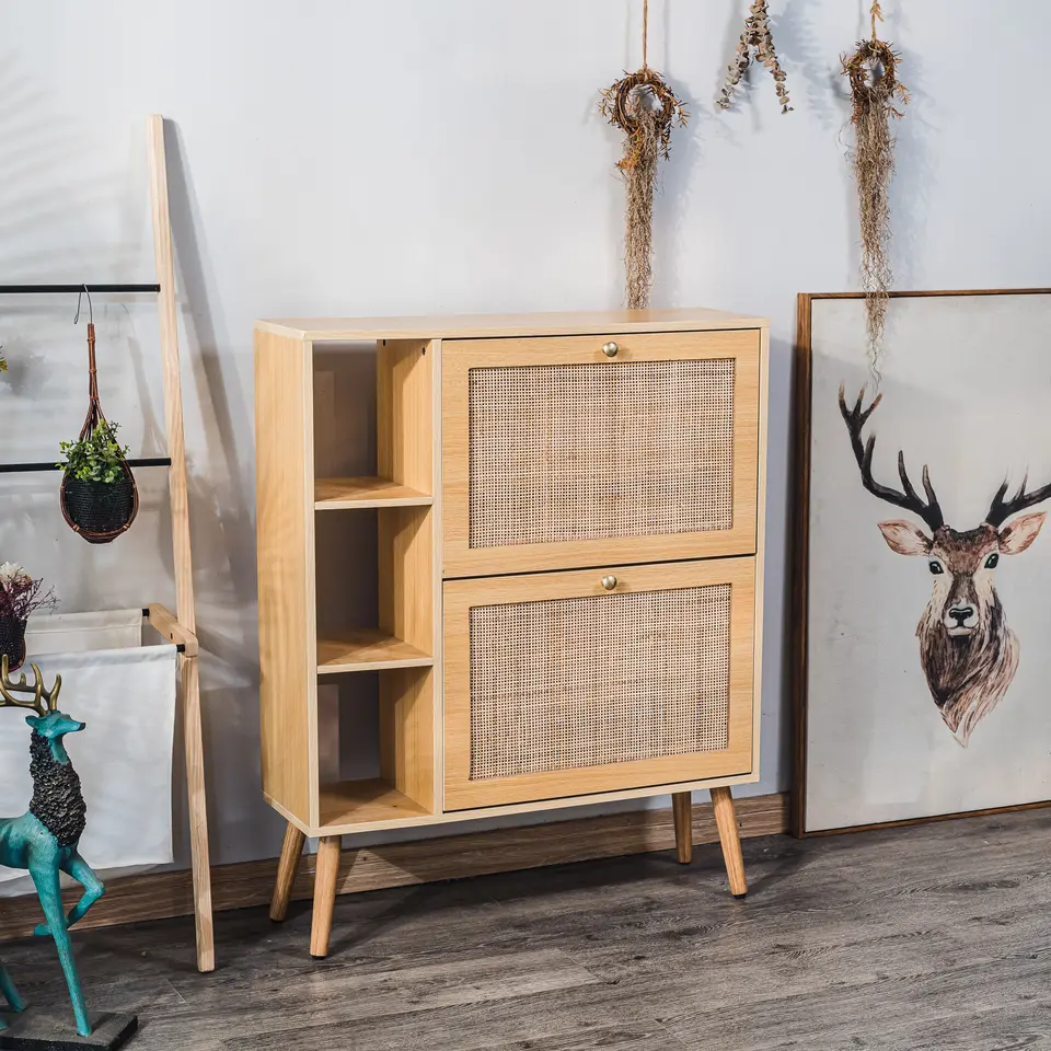 Schoenenkast met 2 laden van hout en rotan