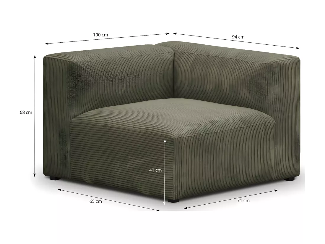 Chauffeuse d'angle à droite modulable en velours côtelé vert kaki - Modulo
