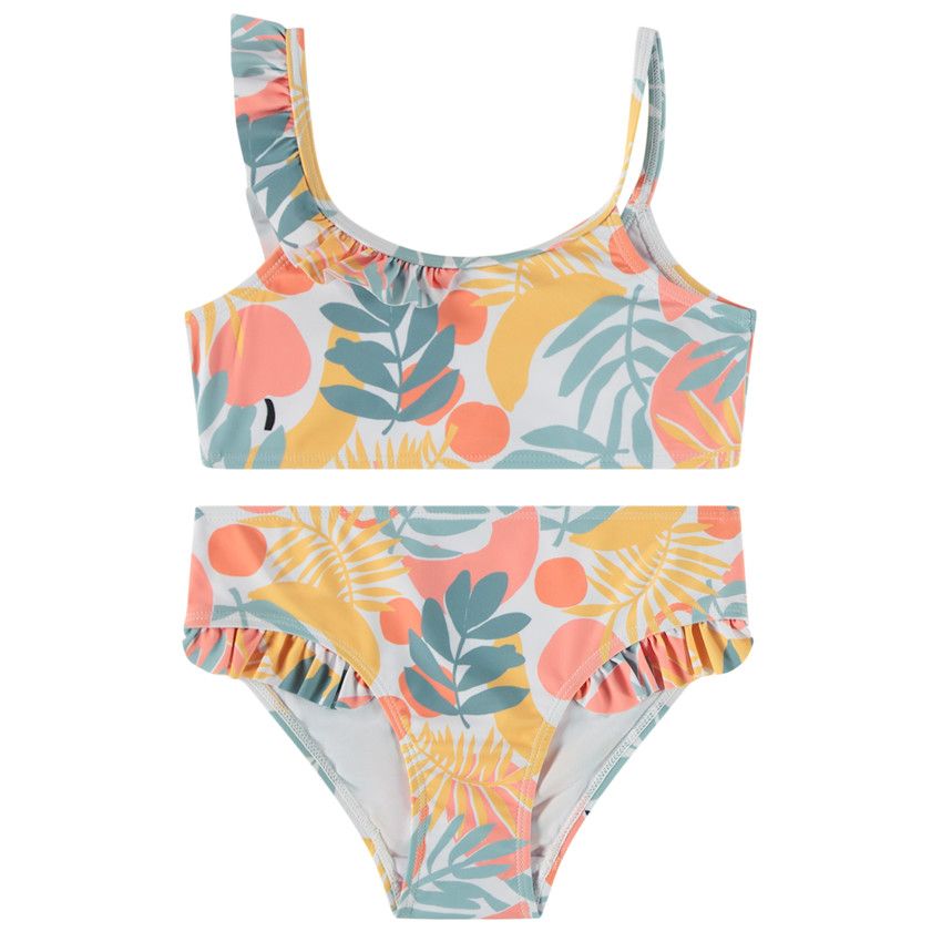 Maillot de bain 2 pièces volantées avec imprimée tropical pour fille - Blanc