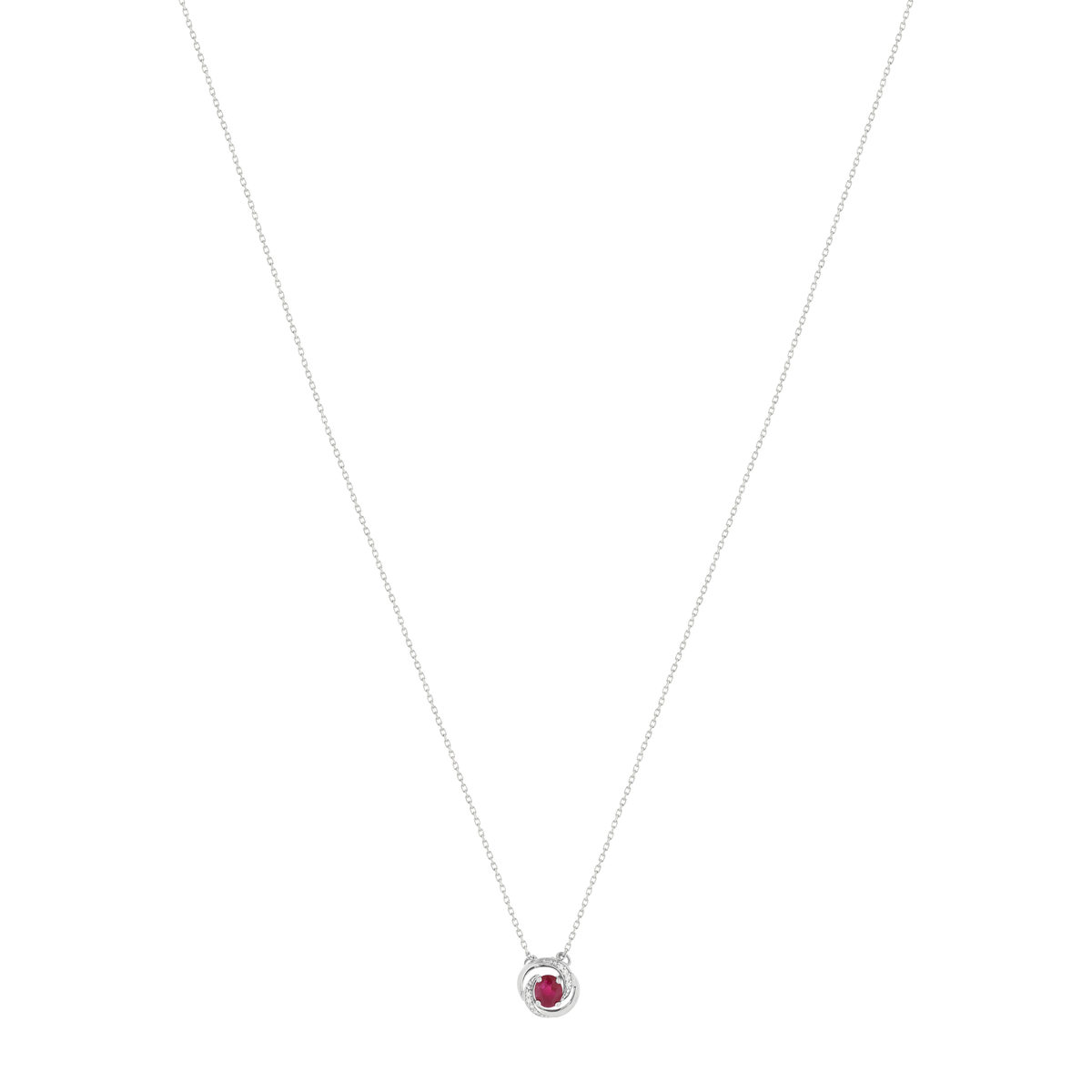 Collier or blanc 375, rubis, diamants. Longueur 42 cm.