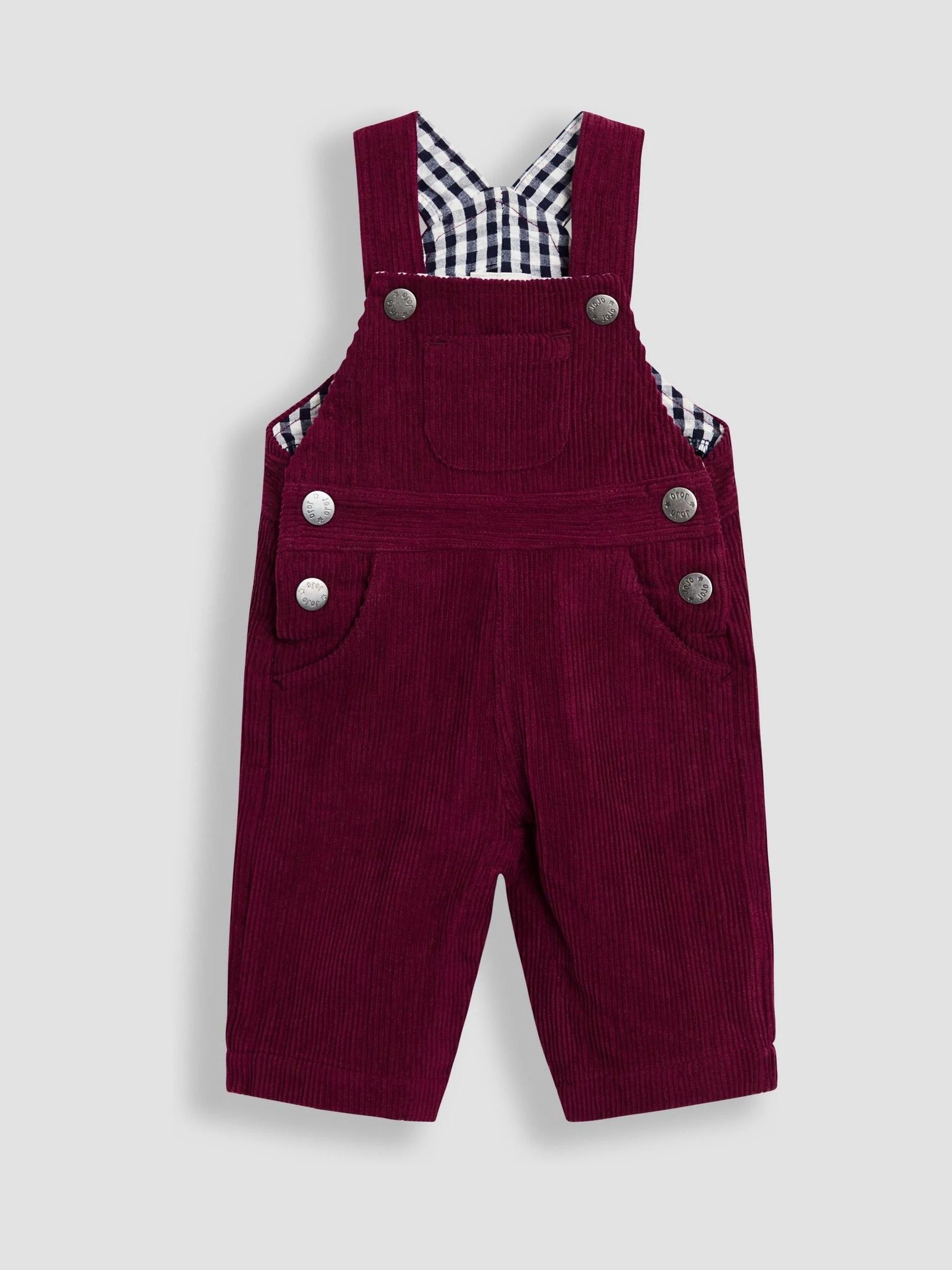 Bordeauxrood - JoJo Maman Bébé 2-delige set van klassieke corduroy bretelbroek en gestreepte top