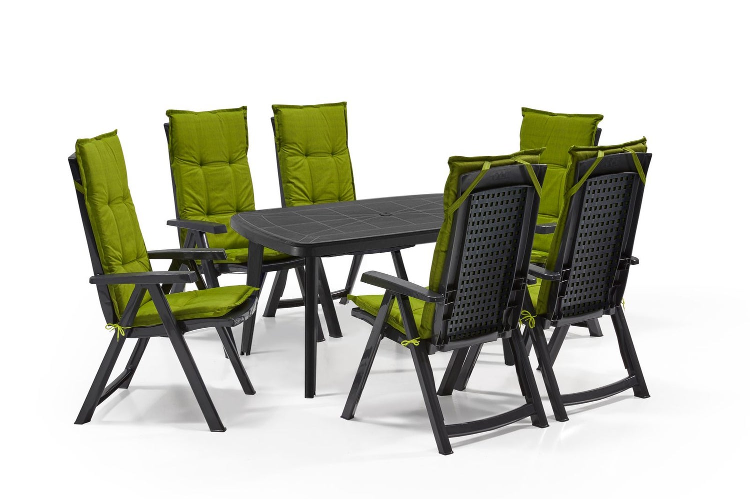 Shaf Milano 7-delige tuinmeubelset antraciet bestaande uit: 1 tafel en 6 klapstoelen met veiligheidsslot inclusief Madison kussen in groen