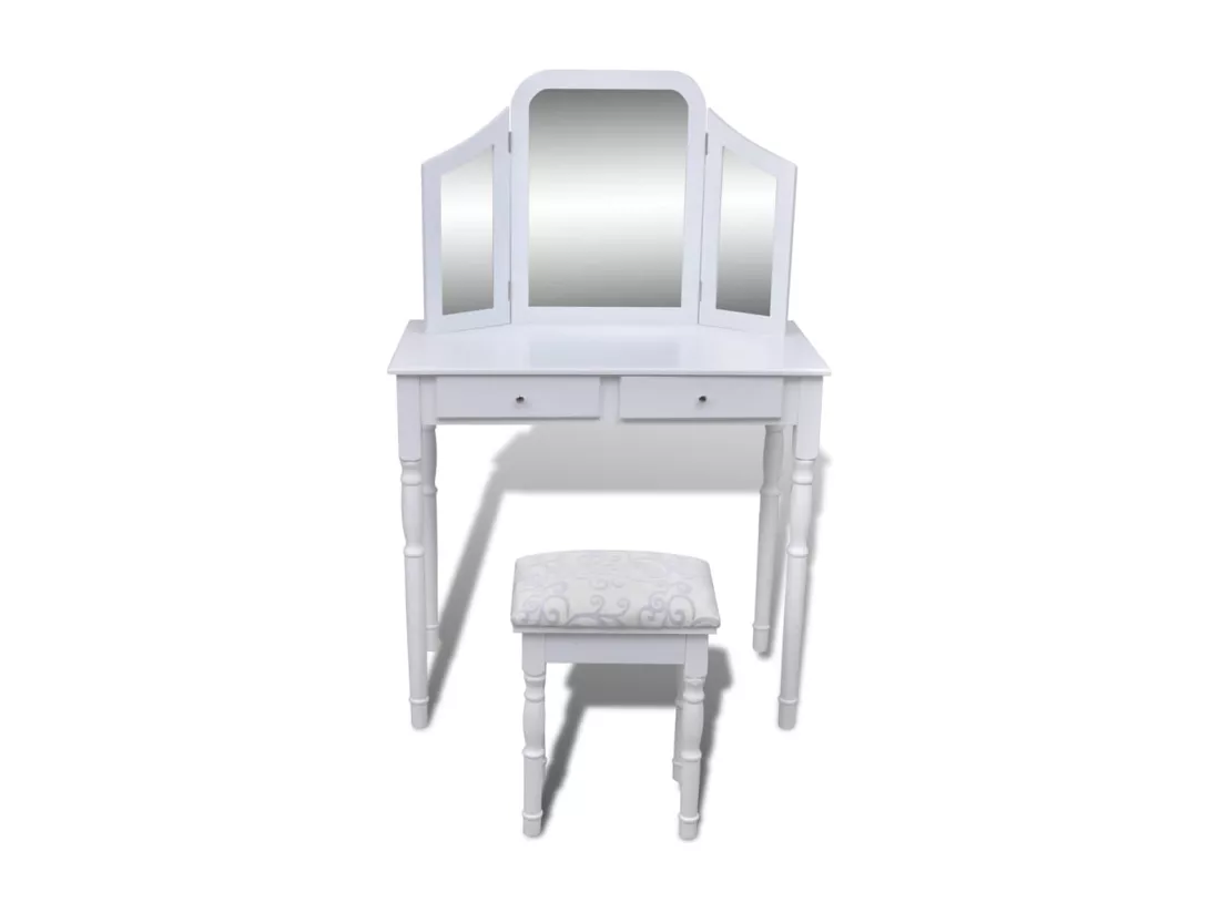 Coiffeuse avec miroir et tabouret 2 tiroirs Blanc
