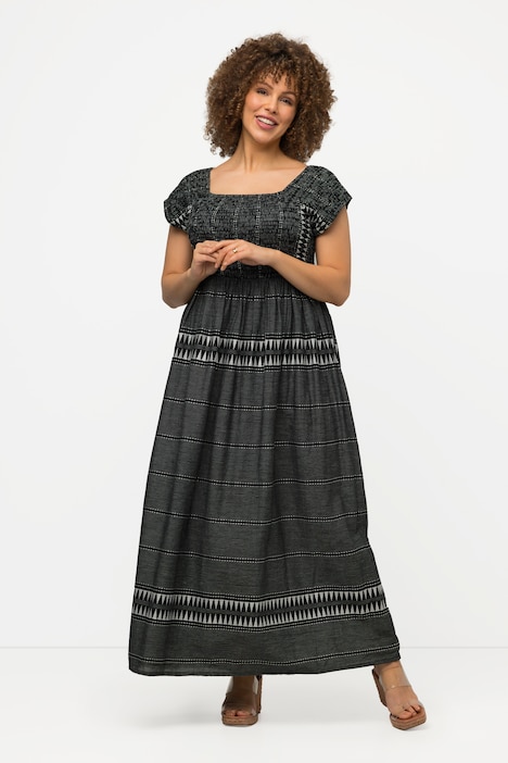 Smok-Maxikleid, Streifen, A-Linie, Carree-Ausschnitt