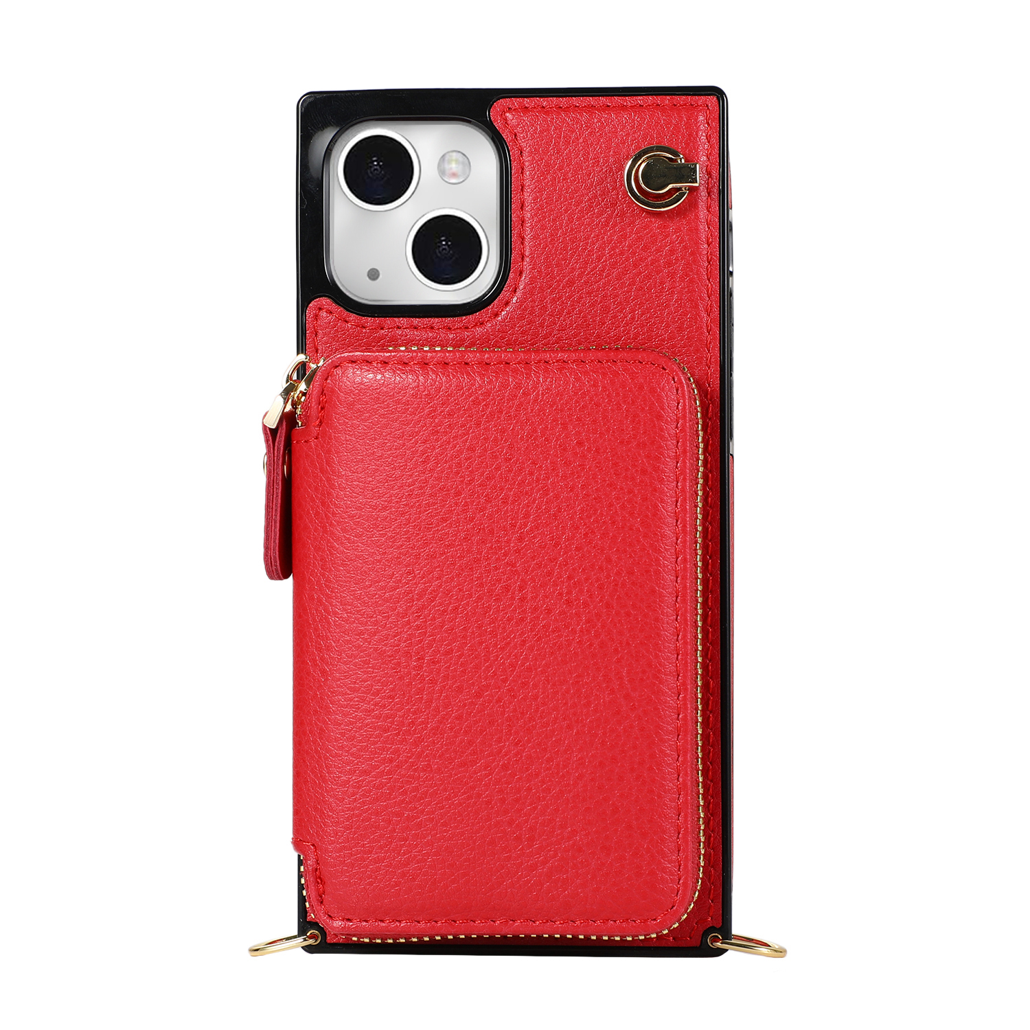 iPhone 13 Necklace Leder Schutz Hülle mit Kartenfächer   Handykette (140cm) - Rot
