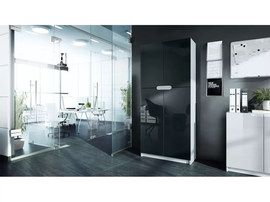 Armoire De Bureau Blanc Mat Et Noir Laqué (lxhxp) : 82 x 185 x 37