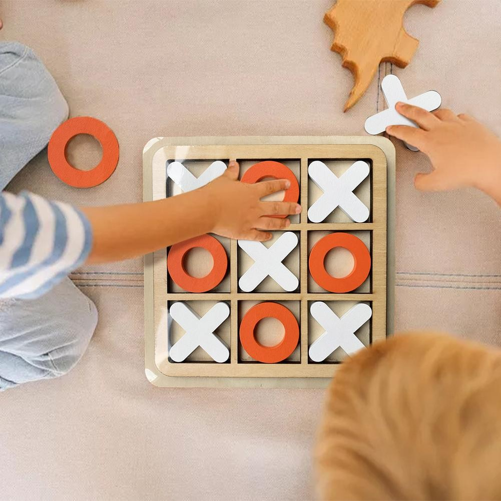 (14x14cm) Holz Mini Tic Tac Toe Brett Spiel Kinder Spielzeug Drei Gewinnt Reise Lernspiel - Schwarz / Weiss