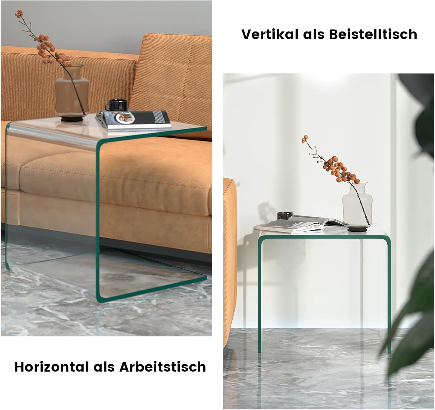 COSTWAY Beistelltisch Glas, Nachttisch U-förmig, transparenter Glastisch quadratisch, Wohnzimmertisch Kaffeetisch Couchtisch für Wohnzimmer, Büro, Schlafzimmer, 45 x 45 x 41cm