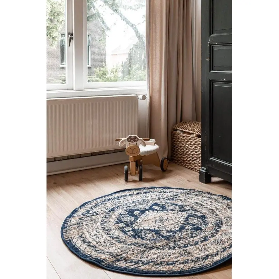 Interieur05 rond vintage vloerkleed Aila blauw - 120 x 120 cm