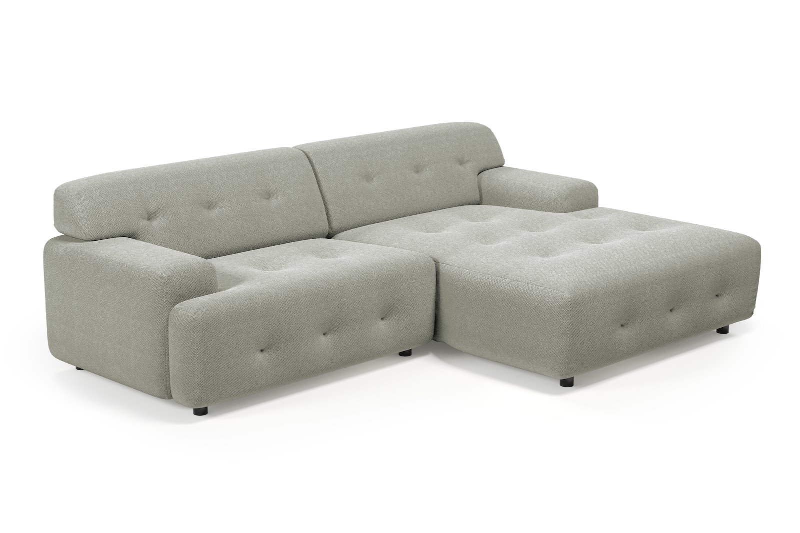 Bob sofa 1,5-seter med sjeselong høyre. Tekstil Mito 180 Light Grey med sorte ben.