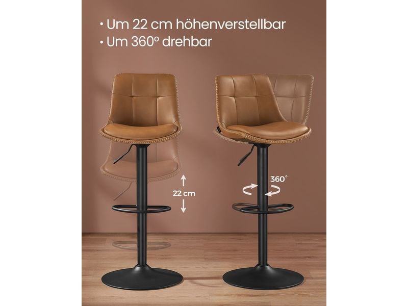 VASAGLE Barhocker 2er Set 48 x 90 cm/112 cm, Braun Stabile Barstühle aus Kunstleder mit Rückenlehne