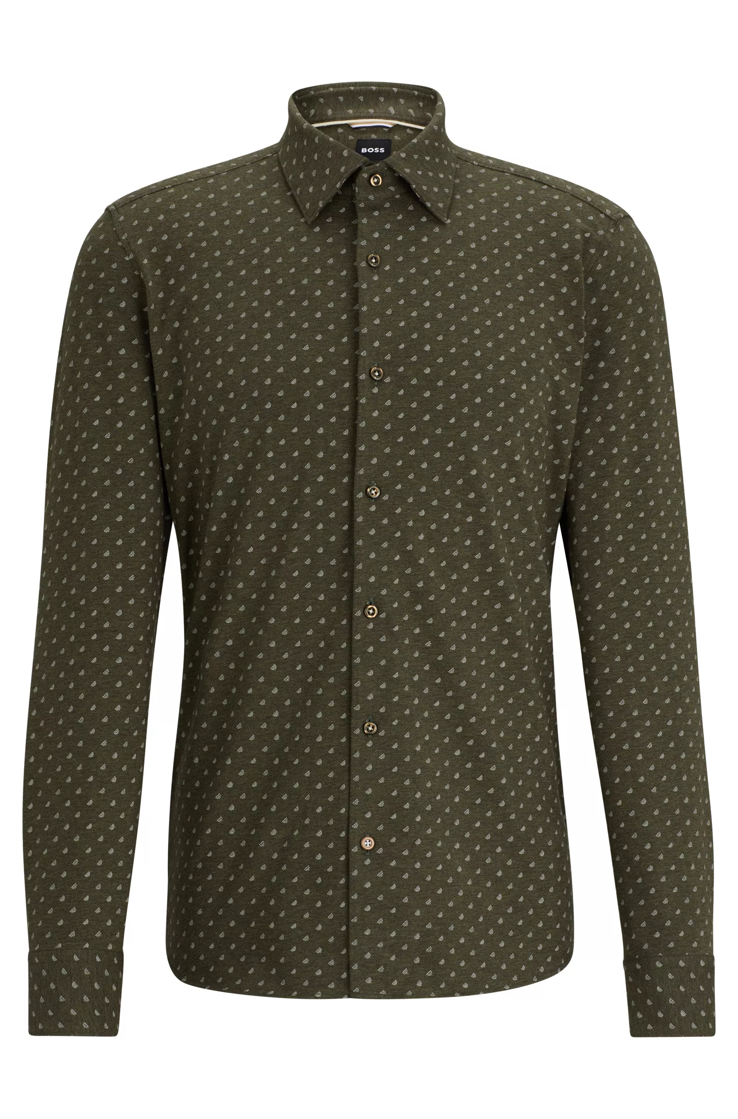 Camisa BOSS preta de corte slim em algodão elástico estampado.