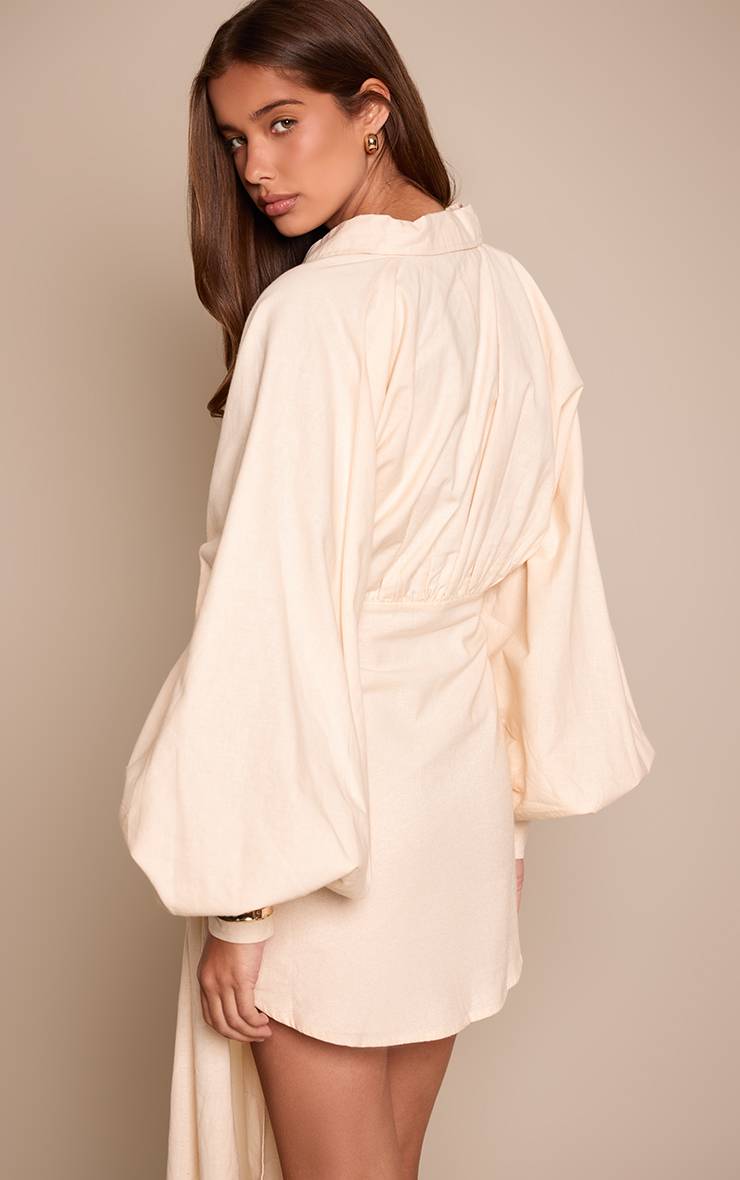 Crème Robe Chemise Aspect Lin Avec Ceinture À Nouer À La Taille