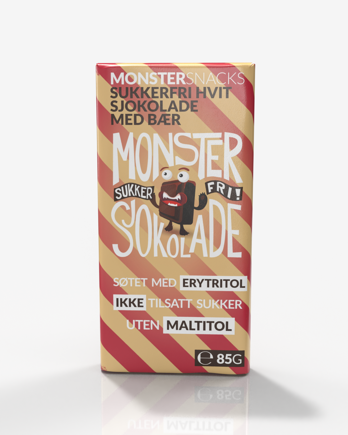 Monster Belgisk Hvit Sjokolade m\ Bringebær - uten tilsatt sukker 12x85g - TOLVPAKNING!