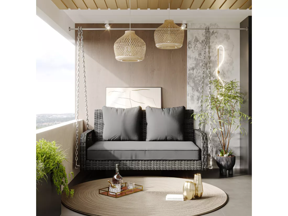 Fauteuil suspendu 114 cm en rotin PE - 2 Places - Coussin d'assise rembourrage 11 cm - Gris