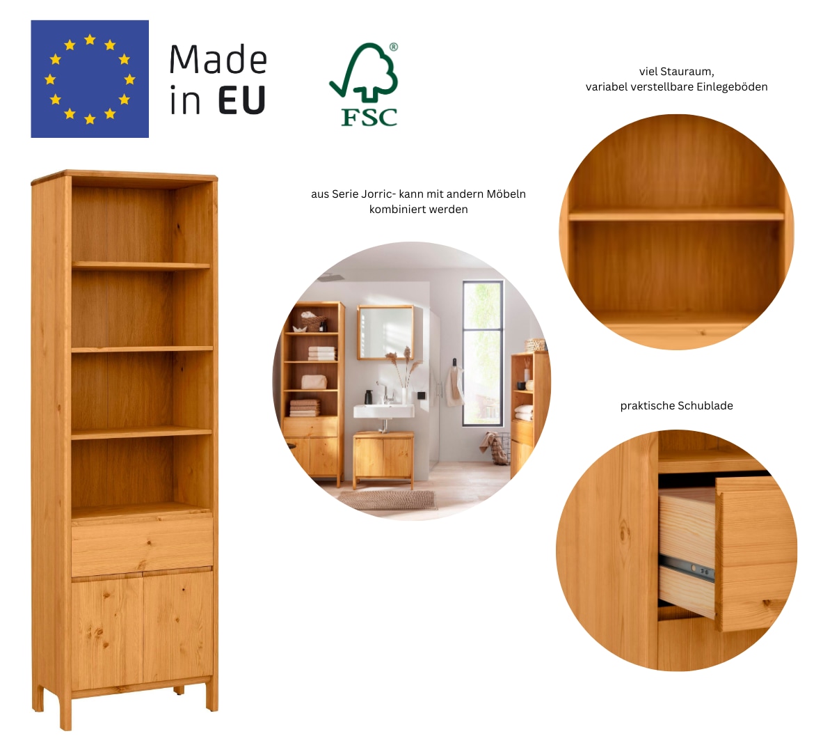 GOODproduct Hochschrank »Jorrick« Breite 60 cm, Massivholz Kiefer mit Bio Öl/Wachs behandelt
