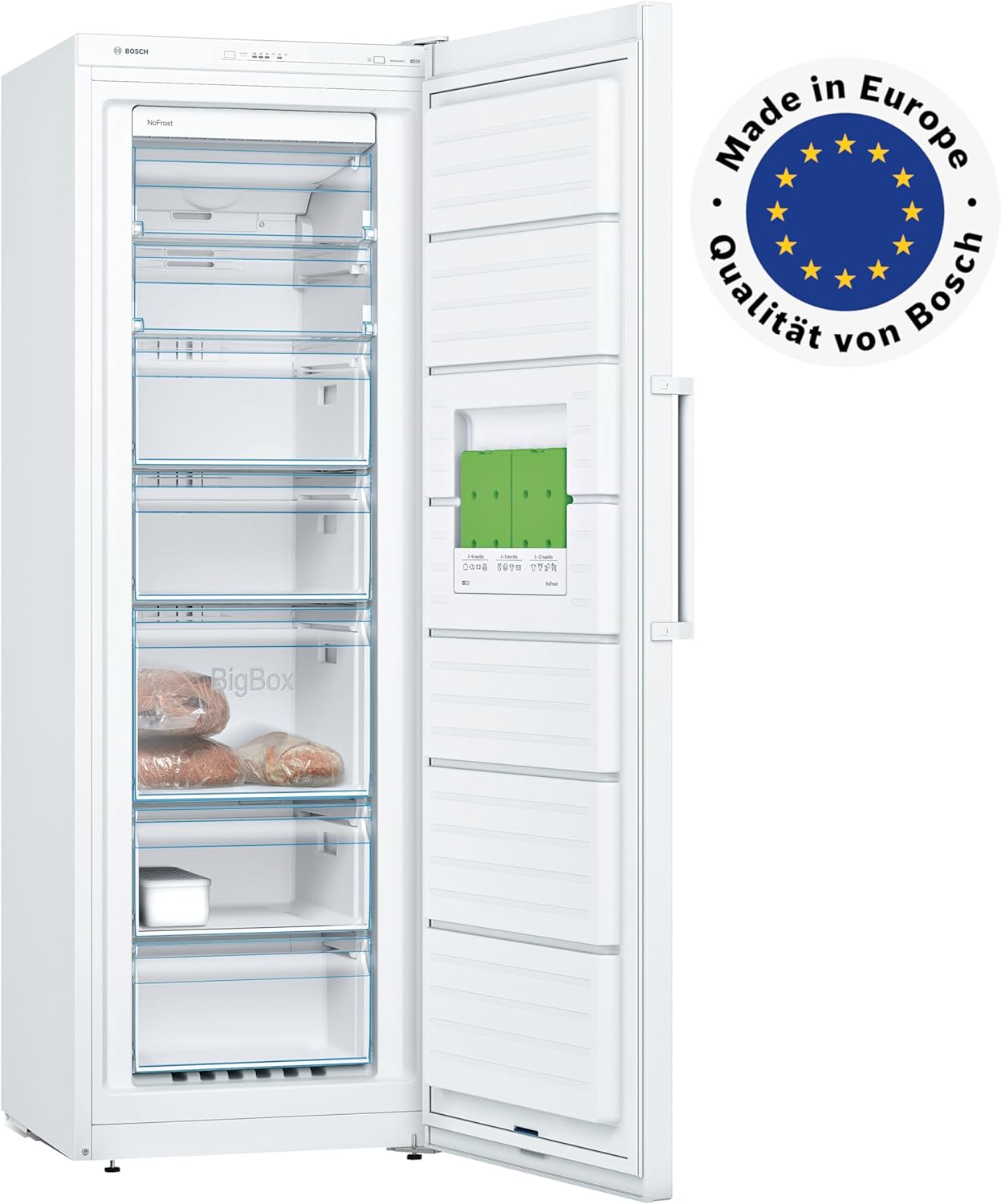 Bosch GSN33FWEV, Serie 4, Freistehender Gefrierschrank, 176 x 60 cm, 225 l Gefrieren, No Frost, Big Box Schublade für großes Gefriergut, Flexibler Innenraum dank Vario Zone, Multi AirFlow, Weiß