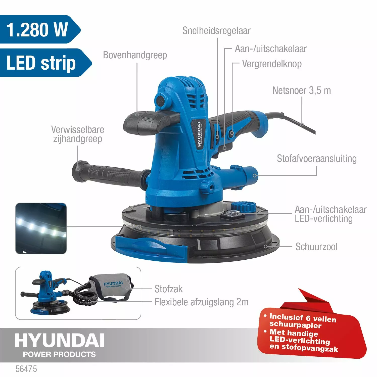 Hyundai 56475 Wand-en plafondschuurmachine - 1280W