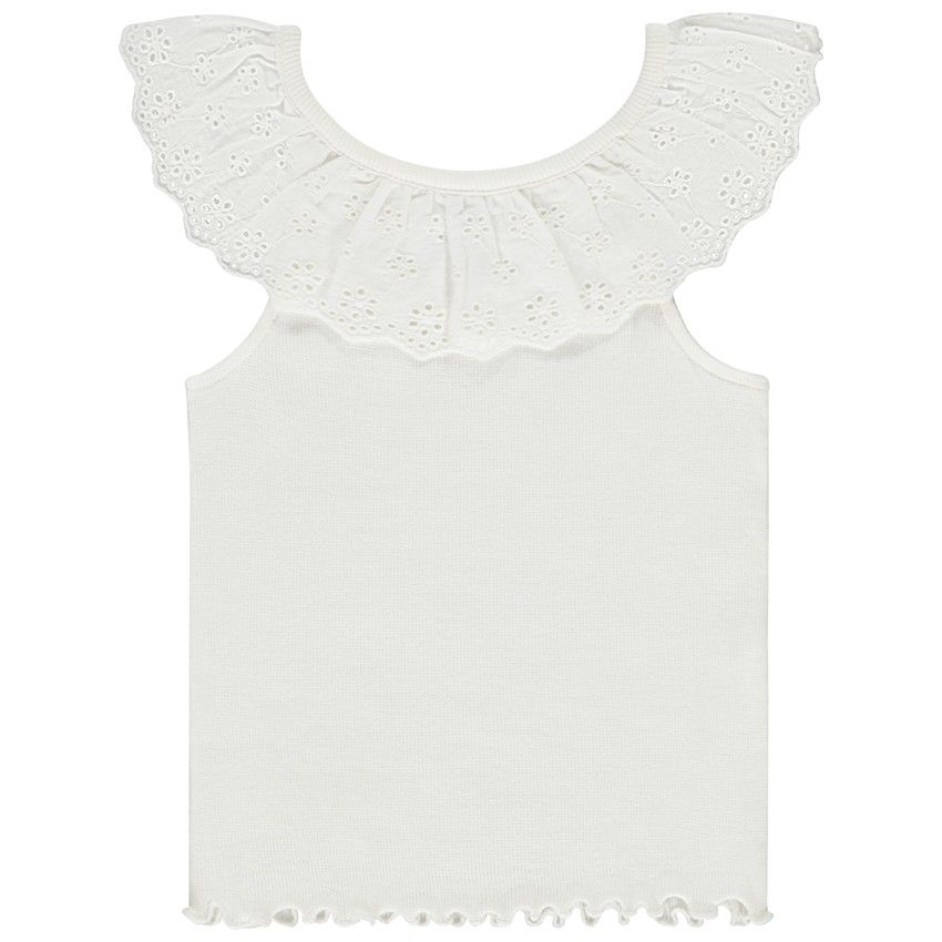 Débardeur uni maille côte avec collerette volantée en broderie anglaise pour bébé fille - Ecru