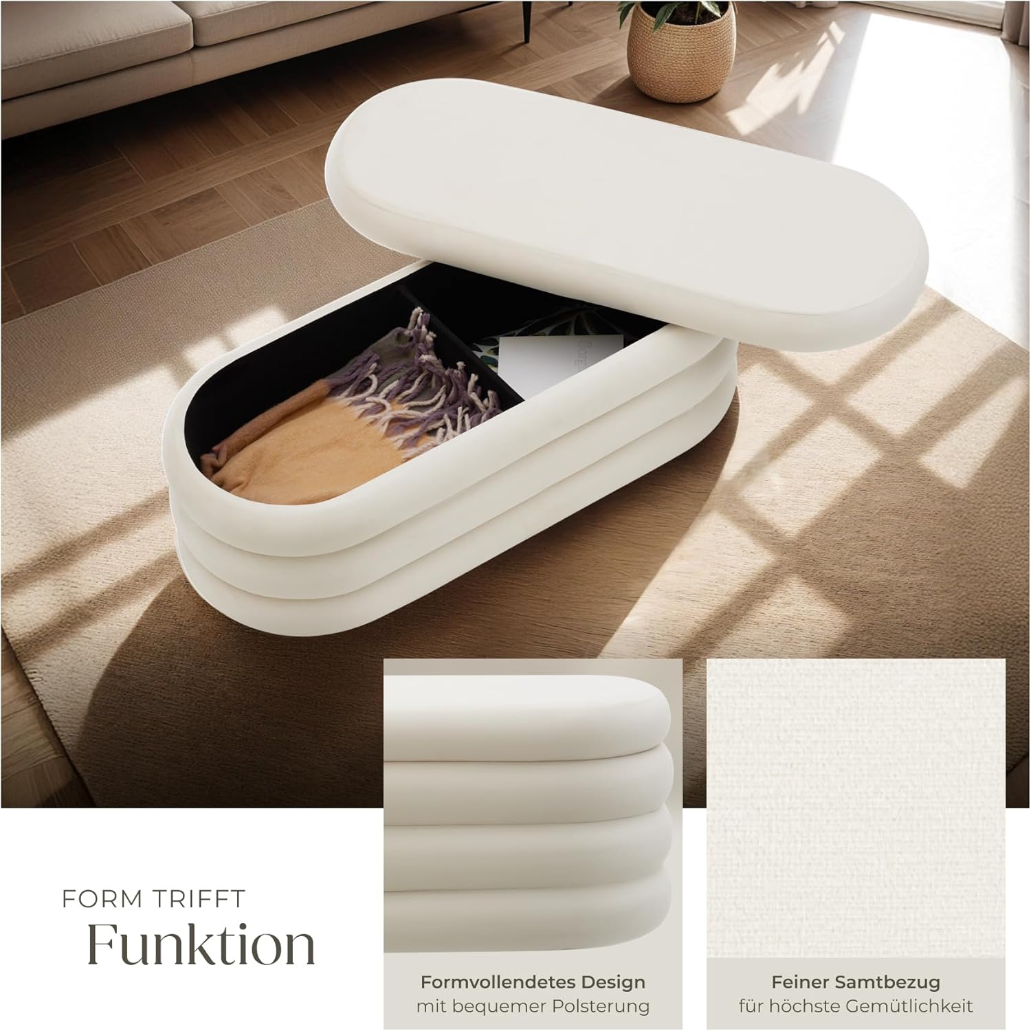 tectake® Sitzbank mit Stauraum, Sitzhocker, Hocker mit Stauraum, Pouf, Polsterhocker, Sitztruhe, Truhe mit Deckel, Truhenbank mit Stauraum, Möbel Wohnzimmer, 110 x 45 x 42 cm - Samtoptik Creme-weiß