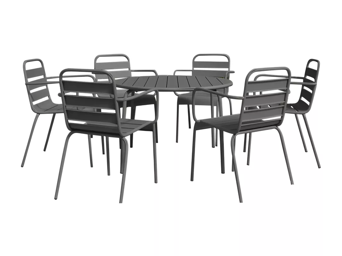 Salle à manger de jardin en métal - une table ronde D.130cm et 6 fauteuils empilables - Gris anthracite - MIRMANDE de MYLIA